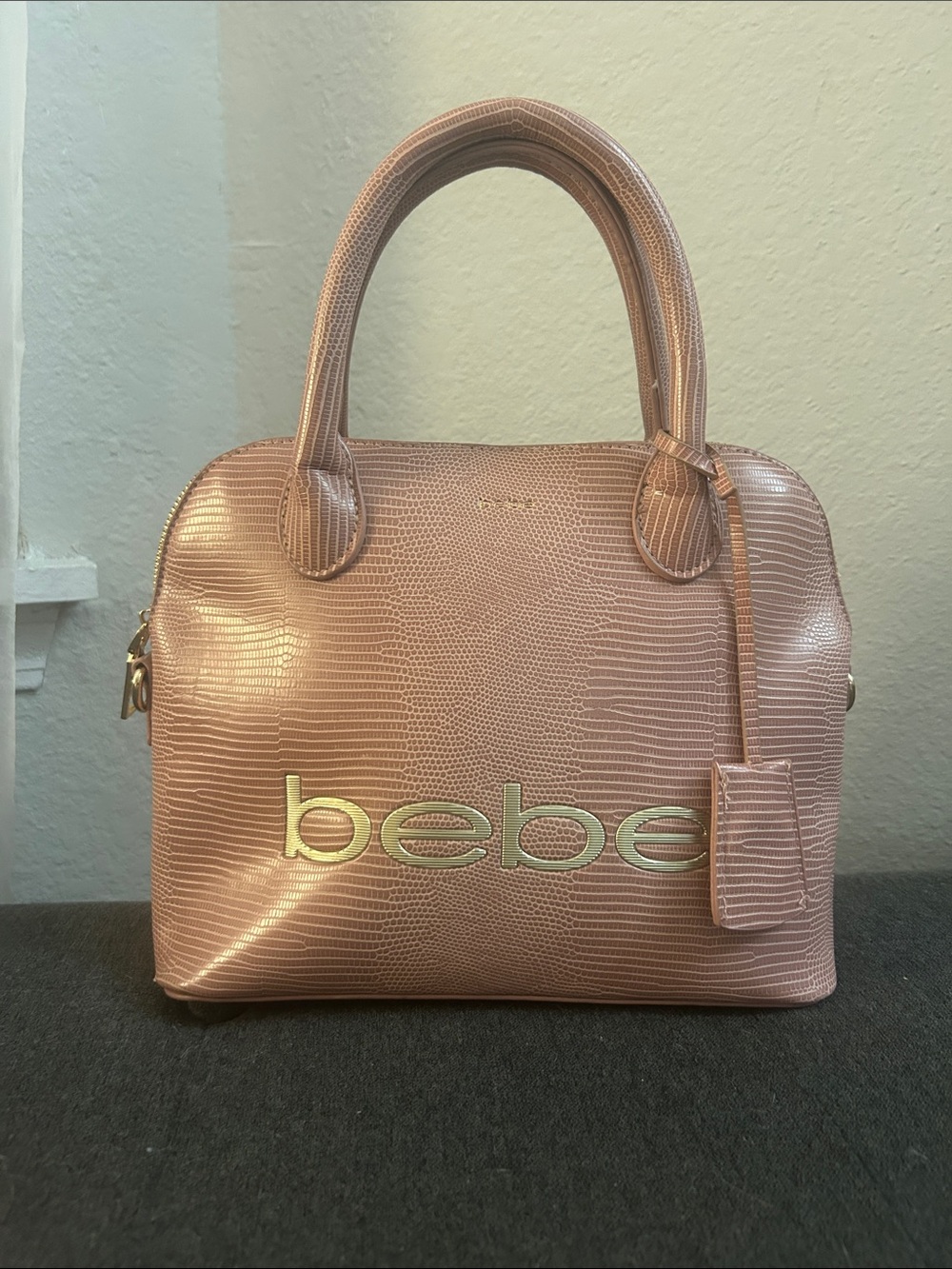bebe Pink Lizard Print Dome Satchel with Gold Logo